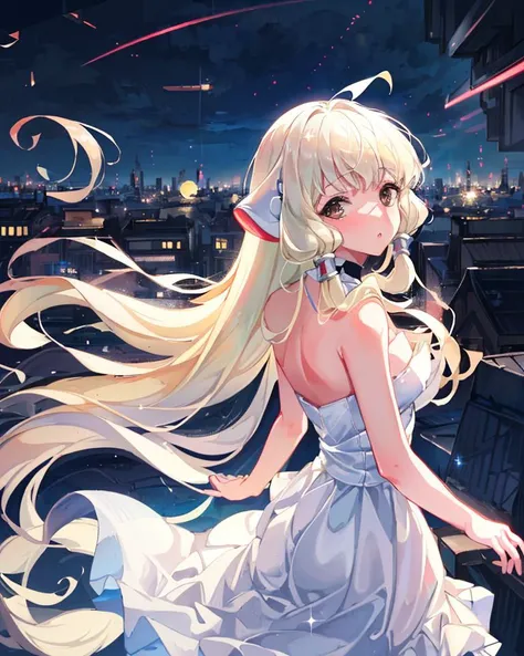masterpiece, high resolution, digital art \(medium\), vivid, exterior, 1girl, solo, portrait, ((chii)), looking at viewer, (platinum blonde hair, very long hair, brown eyes, white strapless dress, robot ears:1.2), glowing, sparkles, emotionless, (night, wind, city, building lights, stars, path, moon:1.1), explosion, (detailed_background:0.5), <lora:TsumasakyChiiChobits_v1:0.8>
