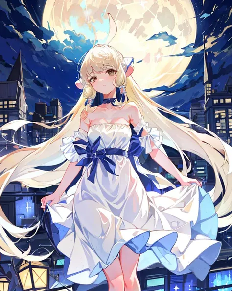 masterpiece, high resolution, digital art \(medium\), vivid, exterior, 1girl, solo, portrait, ((chii)), looking at viewer, (platinum blonde hair, very long hair, brown eyes, white strapless dress, robot ears:1.2), glowing, sparkles, emotionless, (night, wind, city, building lights, stars, path, moon:1.1), explosion, (detailed_background:0.5), <lora:TsumasakyChiiChobits_v1:0.8>