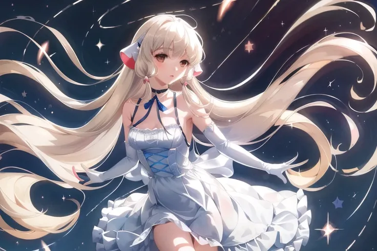 masterpiece, best quality, highly detailed, highres, hdr,
chobits, chii,
1girl, bangs, bare shoulders, bed sheet, black choker, breasts, brown eyes, choker, clamp (circle) (style), dress, elbow gloves, frilled dress, frills, gloves, grey hair, hand up, platinum blonde hair, ribbon choker, robot ears, sleeveless, sleeveless dress, small breasts, solo, strap slip, very long hair, white dress, white gloves
mksks style, beautiful background, detailed background, professional lightning, clouds, heaven, angel,