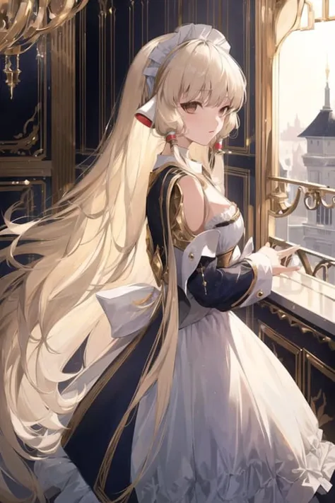 masterpiece, best quality, highly detailed, highres, hdr,
chobits, chii, feelingless,
1girl, solo, bangs, bare shoulders, breasts, brown eyes, clamp \(circle\) \(style\), platinum blonde hair, very long hair, robot ears, small breasts, hair tubes,
maid, maid headdress, maid apron, victorian maid, maid dress,
mksks style, beautiful background, detailed background, professional lightning, mansion, indoor, gold ornament, gold, gold effects,