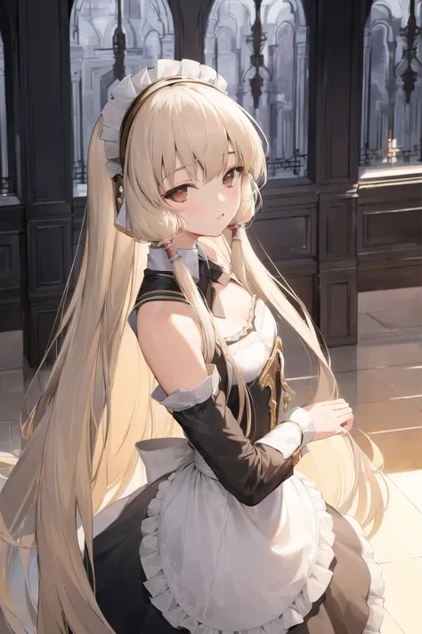 masterpiece, best quality, highly detailed, highres, hdr,
chobits, chii, feelingless,
1girl, solo, bangs, bare shoulders, breasts, brown eyes, clamp (circle) (style), platinum blonde hair, very long hair, robot ears, small breasts, hair tubes,
maid, maid headdress, maid apron, victorian maid, maid dress,
mksks style, beautiful background, detailed background, professional lightning, mansion, indoor, ((style art noveau))