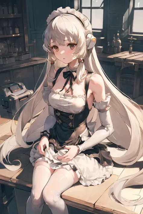 ((masterpiece,best quality)),((1girl)), chobits, chii,bangs,brown eyes, clamp \(circle\) \(style\),platinum blonde hair, very long hair,(robot ears), small breasts,hair tubes,maid, maid headdress, maid apron, victorian maid, maid dress,detailed background, professional lightning, mansion, indoor,bare shoulders,