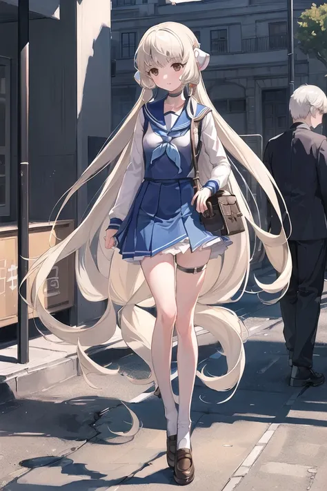 ((masterpiece,best quality)),((1girl)), chobits, chii,bangs,brown eyes, clamp \(circle\) \(style\),platinum blonde hair, very long hair,(robot ears), small breasts,hair tubes,school uniform, Sailor suit,(Blue skirt),(school bag), city, streetscape