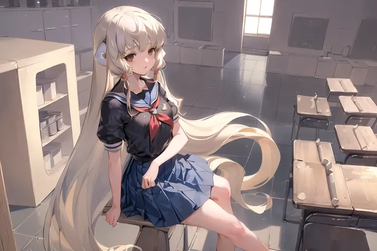 ((masterpiece,best quality)),((1girl)), chobits, chii,bangs,brown eyes, clamp \(circle\) \(style\),platinum blonde hair, very long hair,(robot ears), small breasts,hair tubes,school uniform, Sailor suit,(Blue skirt),school bag, school, school background, classroom,