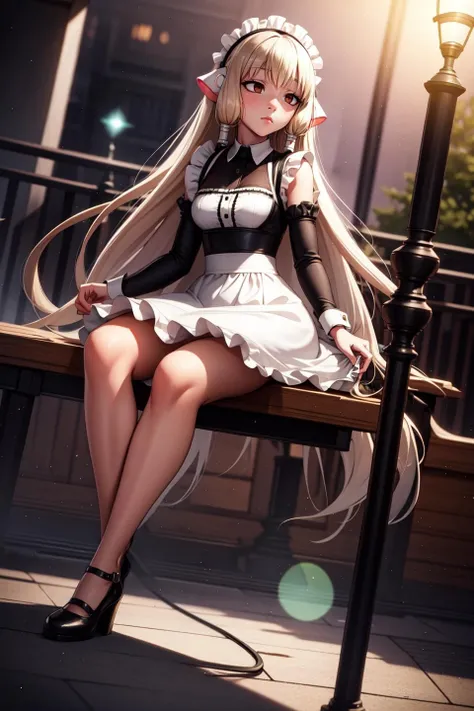 chii, sitting on top of lamppost, cable, lamppost, 
full body, dutch angle:1.2), 
(masterpiece, best quality, ultra-detailed), (beautiful detailed face, beautiful detailed eyes, volumetric lighting),
1girl, solo, robot ears, brown eyes, expressionless, empty eyes,  fair face,
maid dress, two-tone dress, hair tubes, sidelocks, 
mksks style, (outdoors), (light particles, lens flare, chromatic aberration:1.2),