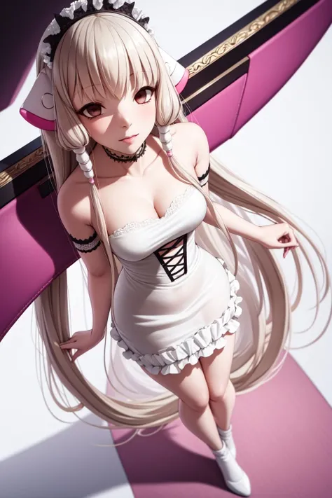 chii, (pastel colors), 
(full body, from above, dutch angle),
perfect hands, 
(masterpiece, best quality, ultra-detailed), (beautiful detailed face, beautiful detailed eyes, volumetric lighting),
1girl, solo, robot ears, brown eyes, expressionless, empty eyes,
bangs, hair tubes, pink dress, maid, victorian maid, 
(white background:1.3),