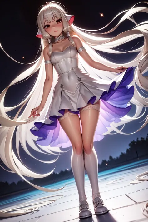 chii,
(dutch angle), full body, (from below)
(masterpiece, best quality, ultra-detailed), (beautiful detailed face, beautiful detailed eyes, volumetric lighting),
1girl, solo, brown eyes, expressionless, empty eyes, robot ears, platinum blonde hair, 
white dress, hair tubes, wedding dress, 
mksks style, (outdoors, beautiful lake, landscape, ), (light particles, lens flare, chromatic aberration:1.2),