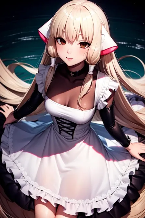 chii, 
(dutch angle:1.2), cowboy shot, (from above:1.2)
(masterpiece, best quality, ultra-detailed), (beautiful detailed face, beautiful detailed eyes, volumetric lighting),
1girl, solo, brown eyes, expressionless, empty eyes, robot ears, 
white dress, maid, hair tubes,
mksks style, (outdoors, beautiful lake, landscape, ), (light particles, lens flare, chromatic aberration:1.2),