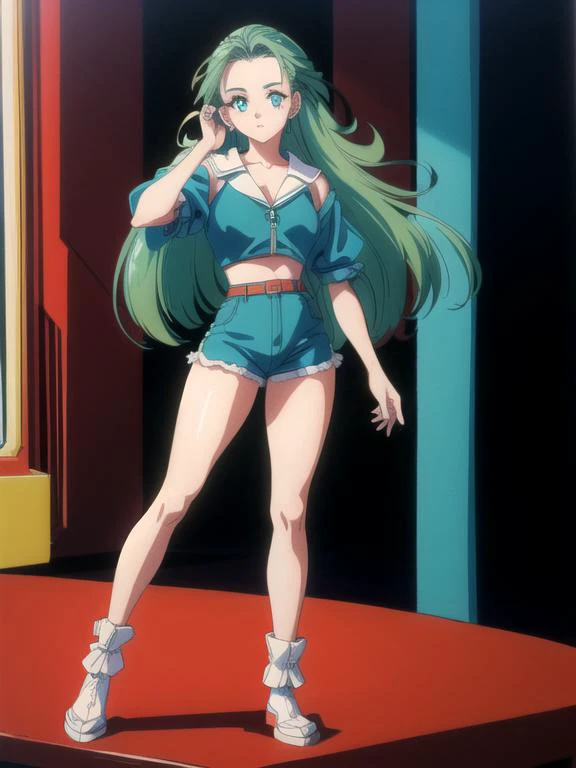 <lora:anri001:0.7> masterpiece, anri, 1girl, green hair, forehead, aqua eyes, solo, long hair, <lora:add_detail:0.5>, <lora:noline:0.3>, <lora:boldline:-0.3>, (1980s style:1.3), (anime: 0.91), low detail, crt, full body,