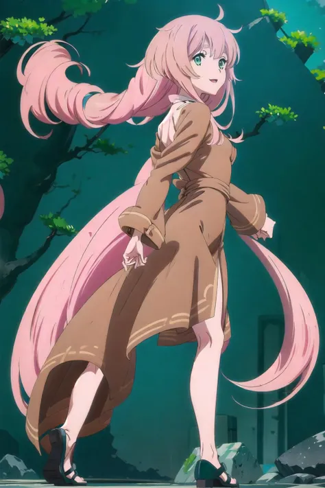 (masterpiece), (best quality), perfect proportion, perfect anatomy, novel illustration, (anime:1.2),
1girl, (((towards back left))), (((solo))), full body, (((brown dress))), long plain dress, long sleeves, long hair, pink hair, green eyes,
beautiful face, happy face,
(((skinny))), watashi,
(((small breasts))), (((large eyes))),
slim thighs, slim hips, thin legs,
in the deep forest, <lora:WatashiHumanityHas_v10:0.8>