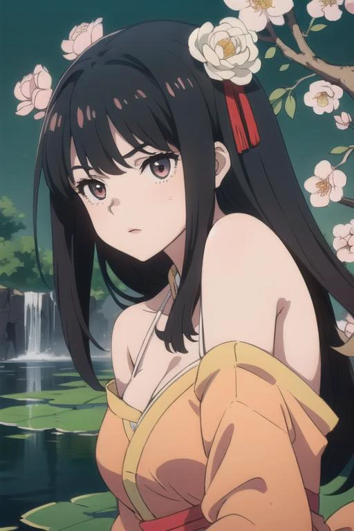 (extremely detailed CG unity 8k wallpaper),(masterpiece), (best quality), (ultra-detailed), (best illustration),(best shadow), (an extremely delicate and beautiful), dynamic angle, floating, finely detail, (bloom), (shine), glinting stars, classic, (painting), (sketch),
upper body,a girl, solo, bare shoulders, large breasts, diamond and glaring eyes, beautiful detailed cold face, extremely delicate and beautiful girls, beautiful detailed eyes, glowing eyes,
The peach tree has fallen peach blossoms, and the small pond is very deep(Chinese color_ink painting style),exudes the style of traditional (Chinese color_ink painting),