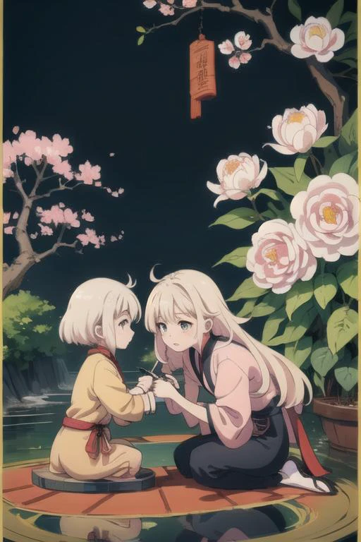 The peach tree has fallen peach blossoms, and the small pond is very deep(Chinese color_ink painting style),exudes the style of traditional (Chinese color_ink painting),