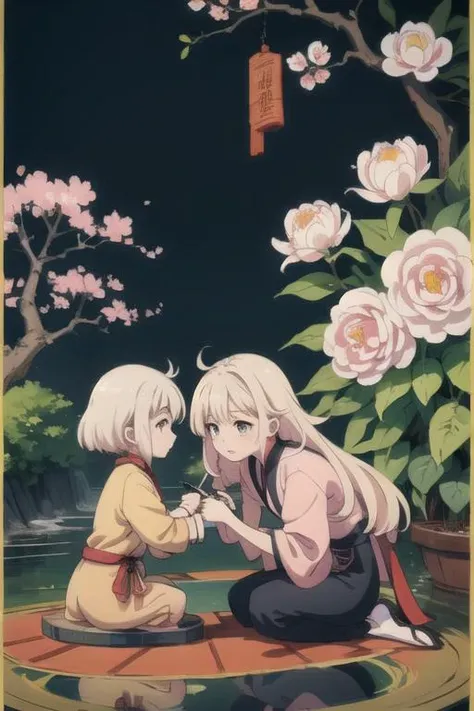 The peach tree has fallen peach blossoms, and the small pond is very deep(Chinese color_ink painting style),exudes the style of traditional (Chinese color_ink painting),