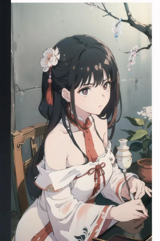 (extremely detailed CG unity 8k wallpaper),(masterpiece), (best quality), (ultra-detailed), (best illustration),(best shadow), (an extremely delicate and beautiful), dynamic angle, floating, finely detail, (bloom), (shine), glinting stars, classic, (painting), (sketch),
a girl, solo, bare shoulders, large breasts, diamond and glaring eyes, beautiful detailed cold face, extremely delicate and beautiful girls, beautiful detailed eyes, glowing eyes,
The peach tree has fallen peach blossoms, and the small pond is very deep(Chinese color_ink painting style),exudes the style of traditional (Chinese color_ink painting), <lora:hanfu_v29:1>