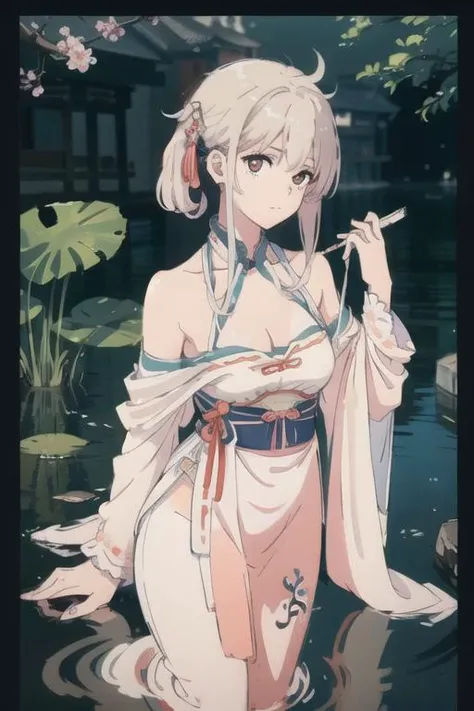 (extremely detailed CG unity 8k wallpaper),(masterpiece), (best quality), (ultra-detailed), (best illustration),(best shadow), (an extremely delicate and beautiful), dynamic angle, floating, finely detail, (bloom), (shine), glinting stars, classic, (painting), (sketch),
a girl, solo, bare shoulders, large breasts, diamond and glaring eyes, beautiful detailed cold face, extremely delicate and beautiful girls, beautiful detailed eyes, glowing eyes,
The peach tree has fallen peach blossoms, and the small pond is very deep(Chinese color_ink painting style),exudes the style of traditional (Chinese color_ink painting), <lora:hanfu_v29:1>