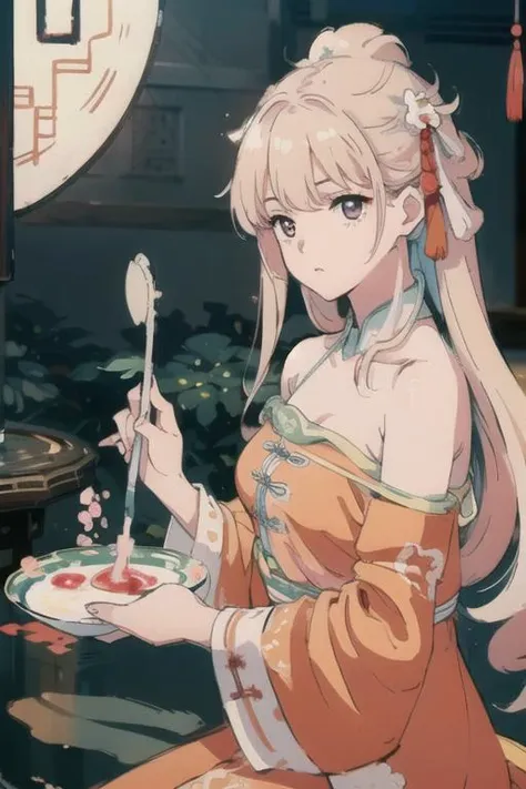 (extremely detailed CG unity 8k wallpaper),(masterpiece), (best quality), (ultra-detailed), (best illustration),(best shadow), (an extremely delicate and beautiful), dynamic angle, floating, finely detail, (bloom), (shine), glinting stars, classic, (painting), (sketch),
a girl, solo, bare shoulders, large breasts, diamond and glaring eyes, beautiful detailed cold face, extremely delicate and beautiful girls, beautiful detailed eyes, glowing eyes,
The peach tree has fallen peach blossoms, and the small pond is very deep(Chinese color_ink painting style),exudes the style of traditional (Chinese color_ink painting), <lora:hanfu_v29:1>