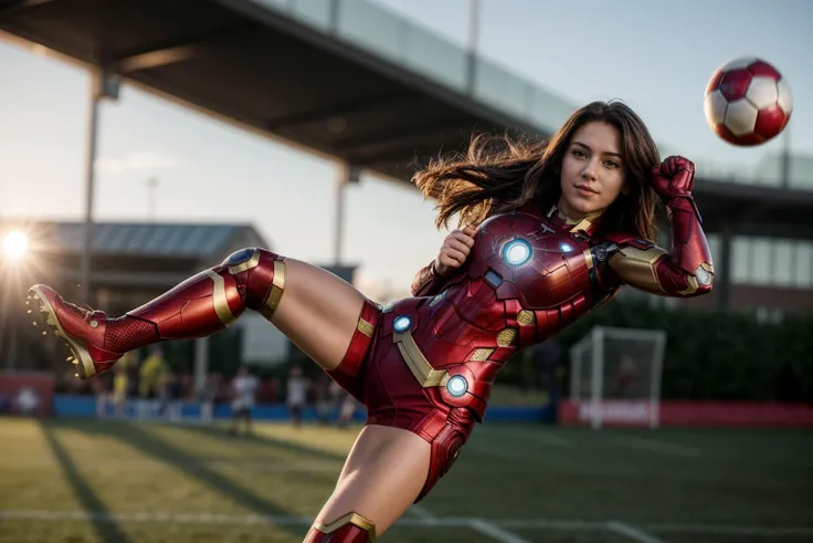 Marvel movies,full body,photo of a 18 year old girl,ironman,kicking a soccer,happy,looking at viewer,ray tracing,detail shadow,shot on Fujifilm X-T4,85mm f1.2,sharp focus,depth of field,blurry background,bokeh,motion blur,motion lines,<lora:add_detail:1>,