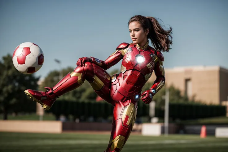 Marvel movies,full body,photo of a 18 year old girl,ironman,kicking a soccer,happy,ray tracing,detail shadow,shot on Fujifilm X-T4,85mm f1.2,sharp focus,depth of field,blurry background,bokeh,motion blur,motion lines,<lora:add_detail:1>,