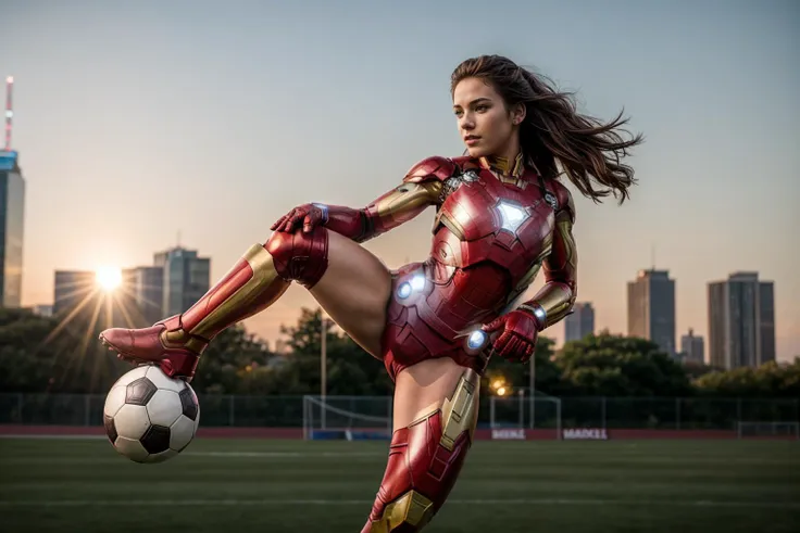 Marvel movies,full body,photo of a 18 year old girl,ironman,kicking a soccer,happy,ray tracing,detail shadow,shot on Fujifilm X-T4,85mm f1.2,sharp focus,depth of field,blurry background,bokeh,motion blur,motion lines,<lora:add_detail:1>,