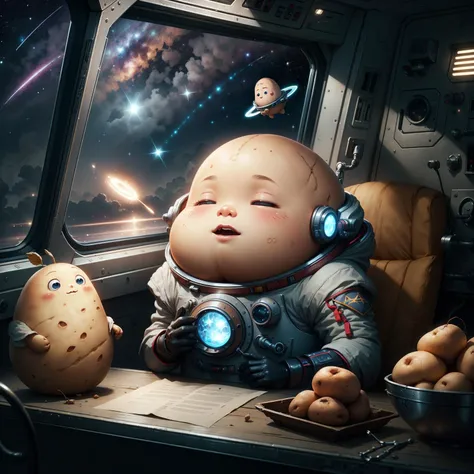 1girl,upper body,command deck of a space ship,(space:1.3),side windows,stars through windows,<lora:PotatoPunkAI:0.8>,PotatoPunkAI,potato head