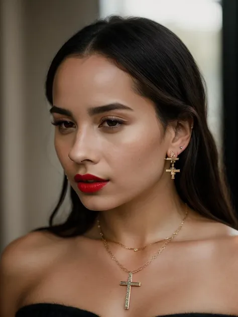 Realistic photo of a beautiful z03k woman,1girl,solo,long hair,looking at viewer,black hair,jewelry,earrings,parted lips,necklace,mole,lips,makeup,cross,portrait,mole under mouth,realistic,red lips,cross necklace,soft lighting, professional Photography, Photorealistic, detailed, RAW, analog, sharp focus, 8k, HD, high quality, masterpiece<lora:z03k:1.0>