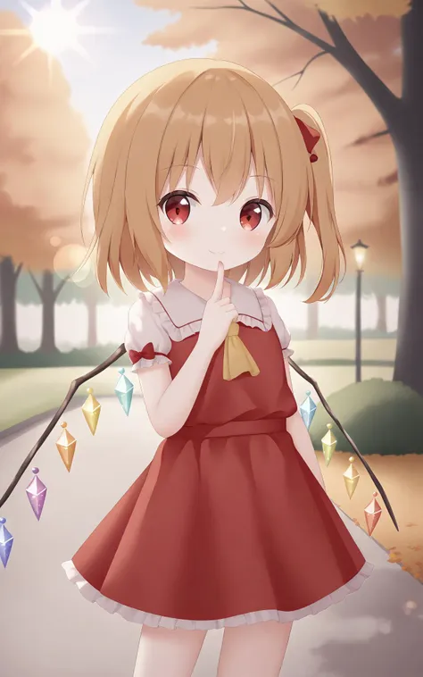 flandre scarlet, standing, park, forest, autumn, lens flare, looking at viewer