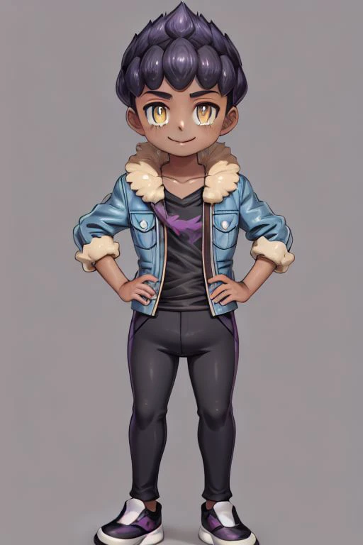 masterpiece, best quality, 1boy, hop \(pokemon\), purple hair, short hair, yellow eyes, dark skin, fur-trimmed blue jacket, open clothes, open jacket, black pants, black shirt, shoes, collarbone, full body, hands on hips, looking at viewer, smile, solo, teen, standing, simple background <lora:Hop:1