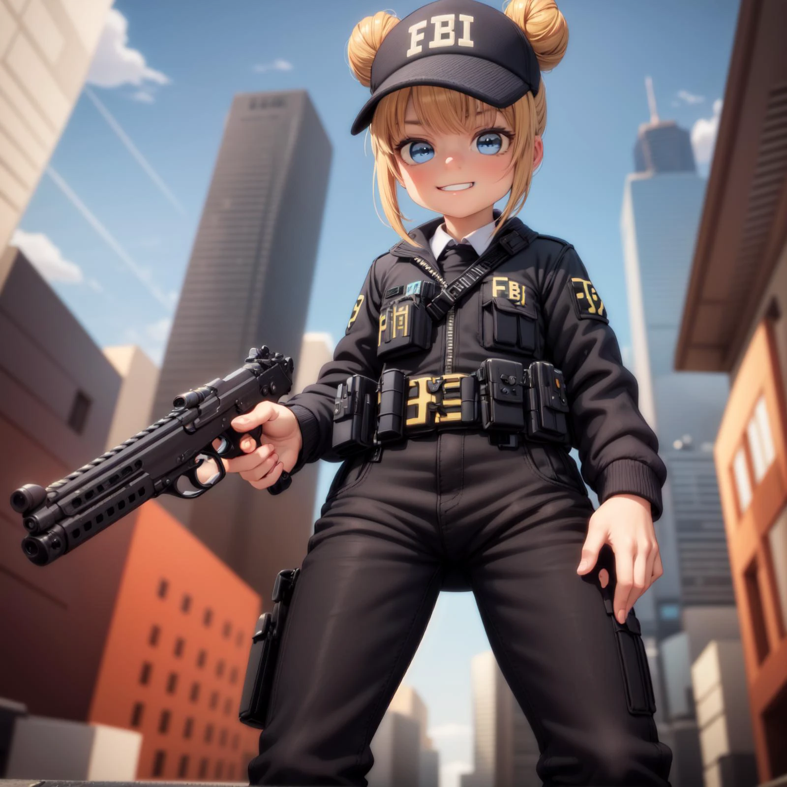 (3d, render, photorealistic),((realistic)),masterpiece, best quality, 1girl standing, cute, black jacket, fbi agent, black fbi cap, black pants, hair buns,holding handgun, weapon, firearm, thick thighs, aiming, blue eyes, blonde hair, streets, city, skyscrapers, utility belt, (from below), pointing gun at viewer, ((smug, evil smile, grinning))
<lora:LoRA:1>