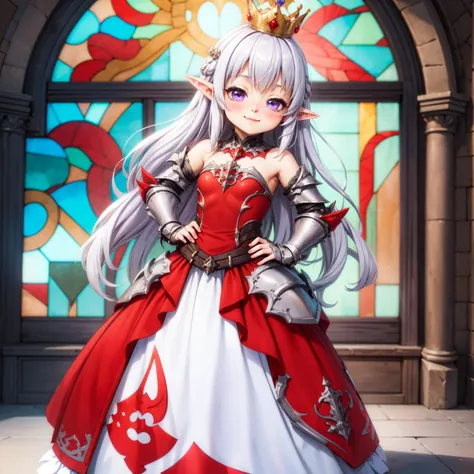 ((realistic)),masterpiece, best quality, 1girl, school girl, cute, sidelocks, long hair, curly hair, big hair, princess, dress, intricate dress, crown, smiling blushing, purple eyes,chestplate, armor, shoulderpads, elf, pointy ears, white hair, castle, castle interior, decorations, , window, stained glass, smug, small eyes, narrow eyes
 <lora:DarkGown:0.65>red [ballgown|DRK_Glam]