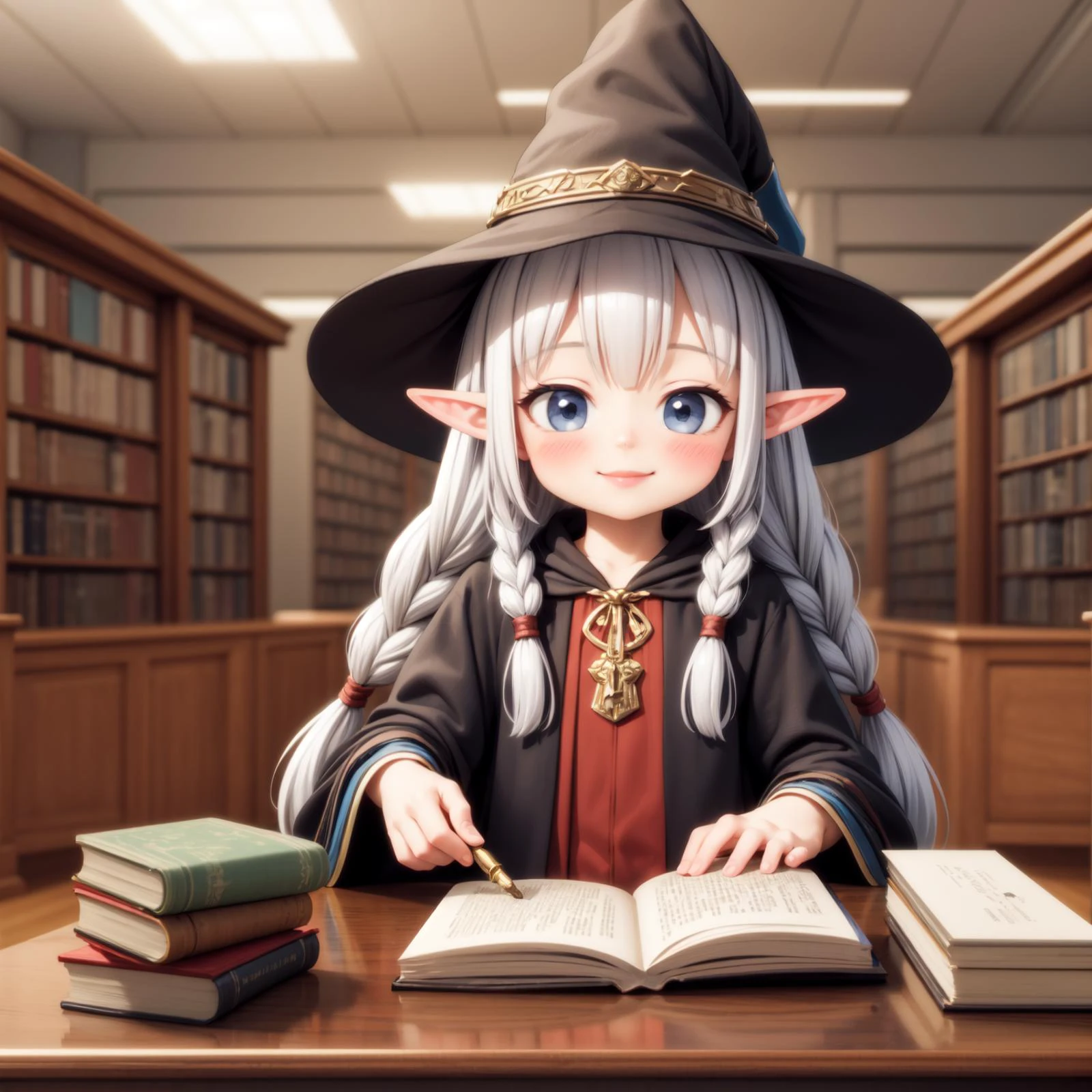 (3d, render, photorealistic),((realistic)),masterpiece, best quality, 1girl standing, cute, wizard, wizard hat, white hair, long hair, multiple braids, black wizard robe, holding book, library, books, tables, stack of books, elf, smiling, ((blushing))