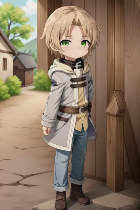 <lora:rudeus-hc-arc-sd-v10:0.6>
a boy, (rudeus greyrat), standing alone outside in a wooden village, outside, mole under his left eye,
he has detailed green eyes and brown hair, short hair, blonde brown hair, gray coat, long dark pants
he has a mole under his left eye
draw it in the art style of mushoku tensei