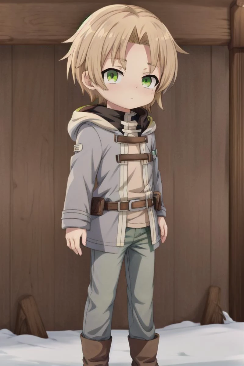 <lora:rudeus-hc-arc-sd-v10:0.6>
a boy, (rudeus greyrat), standing alone outside in a wooden village, outside, mole under his left eye,
he has detailed green eyes and brown hair, short hair, blonde brown hair, grey coat, long grey pants
he has a mole under his left eye
draw it in the art style of mushoku tensei