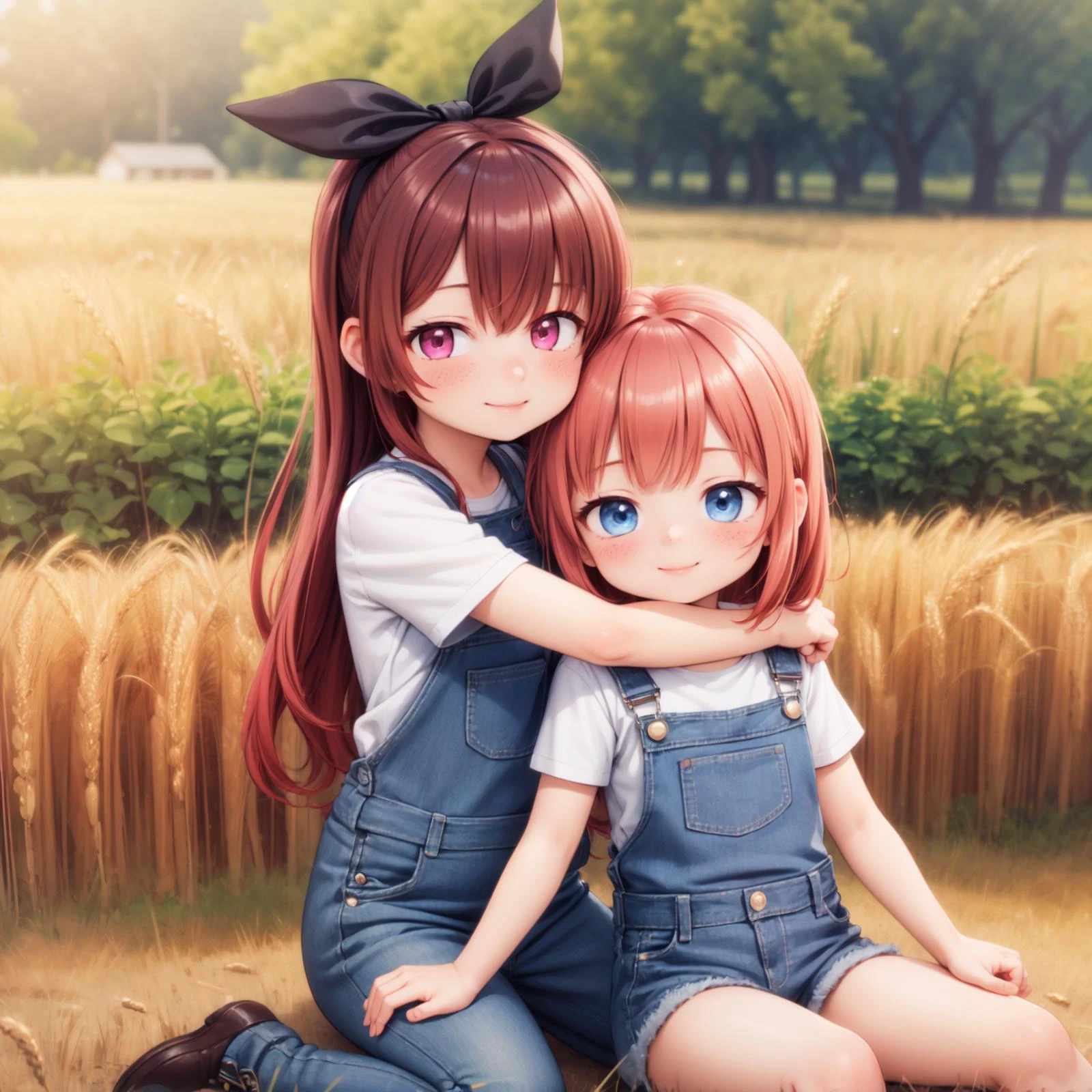 (3d, render, photorealistic),((realistic)),masterpiece, best quality, 2girls sitting on fence, hugging, cute, pink eyes, blushing, hair ribbon,cute, jean overalls, shirt, farm, wheat pile, wheat fields, smiling, happy, oepn mouth, red hair, black hair, short hair, long hair, ((freckels, moles,))
