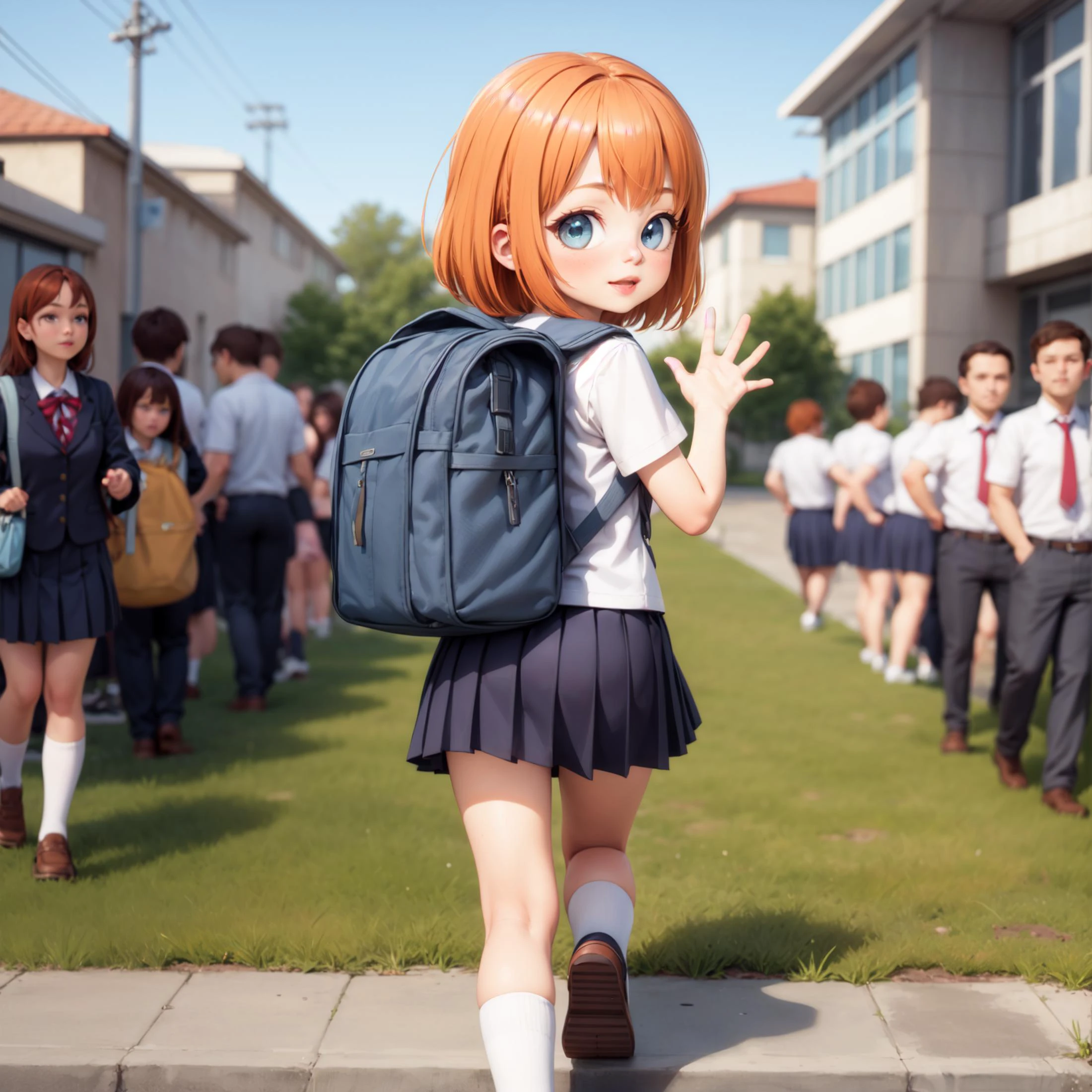 ((3d, render)),(((realistic))),masterpiece, best quality, 1girl running,from behind, school girl, cute, slim, school uniform, white shirt, skirt,school backpack,looking at viewer, school building, gate, school grounds, grass, pavement, happy, big eyes, waving, pov hands, ((people in backgorund, crowded)),multiple people, orange hair,