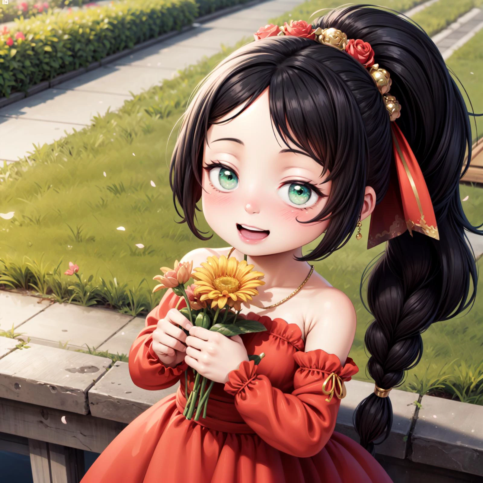 (3d, render, photorealistic),((realistic)),masterpiece, best quality, 1girl standing , cute, sidelocks, long hair, curly hair, big hair, (red dress), smiling, (blushing),green eyes, black hair, single long braid, ponytail, outdoors,flower garden, flowers, petals particles,hair ribbon, cross pendant, hairband, happy, open mouth, small eyes, detached sleeves, holding skirt, looking at viewer, holding flower
<lora:Jlullaby:1>