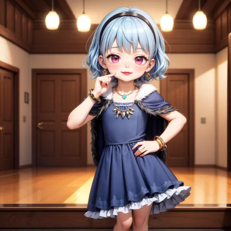 (3d, render, photorealistic),((realistic)),masterpiece, best quality, 1girl standing cute,dancing, small, adorable, headache, blue hair, curly hair, short hair, coctail dress, fancy dress, frills, earrings, necklace, gem necklace, smiling,hairband, sparkling dress,
rocks, pebbles,makeup, red lipstick, eyeshadows, fur cloak, bracelets, dance floor, room, hall, dance hall