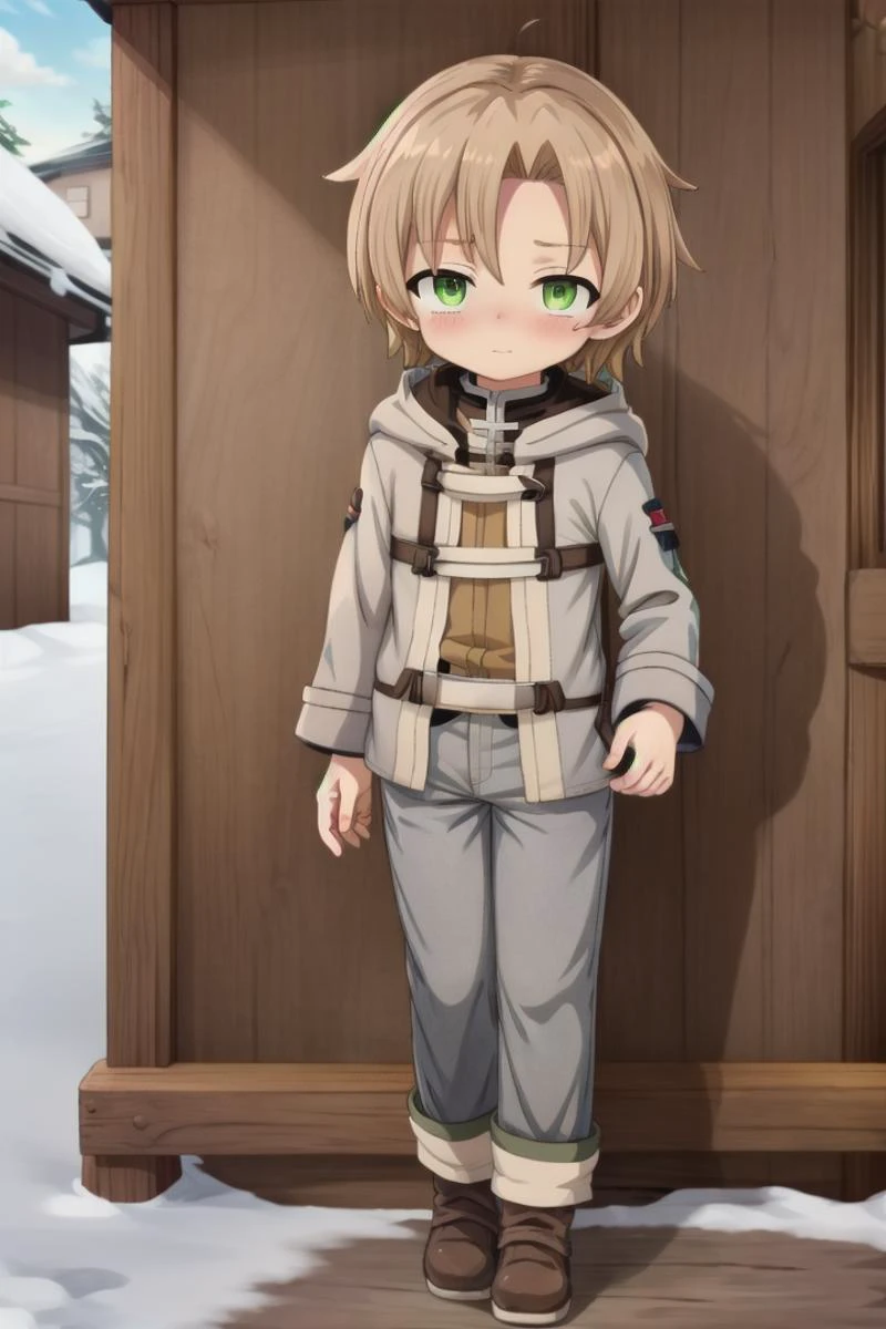<lora:rudeus-hc-arc-sd-v10:0.6>
a boy, (rudeus greyrat), standing alone outside in a wooden village, outside, mole under his left eye, blush,
he has detailed green eyes and brown hair, short hair, blonde brown hair, gray coat, long dark pants
he has a mole under his left eye
draw it in the art style of mushoku tensei