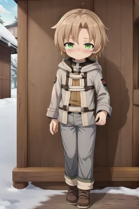 <lora:rudeus-hc-arc-sd-v10:0.6>
a boy, (rudeus greyrat), standing alone outside in a wooden village, outside, mole under his left eye, blush,
he has detailed green eyes and brown hair, short hair, blonde brown hair, gray coat, long dark pants
he has a mole under his left eye
draw it in the art style of mushoku tensei