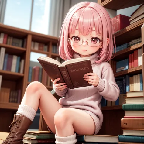 (3d, render, photorealistic),((realistic)),masterpiece, best quality, 1girl sitting on pile of books in library, pink hair, nerd, glasses, brown eyes, holding book, reading book, stack of books, freckels, cute, huddled , knee-long sweater,oversized sweater, socks, boots, windows,