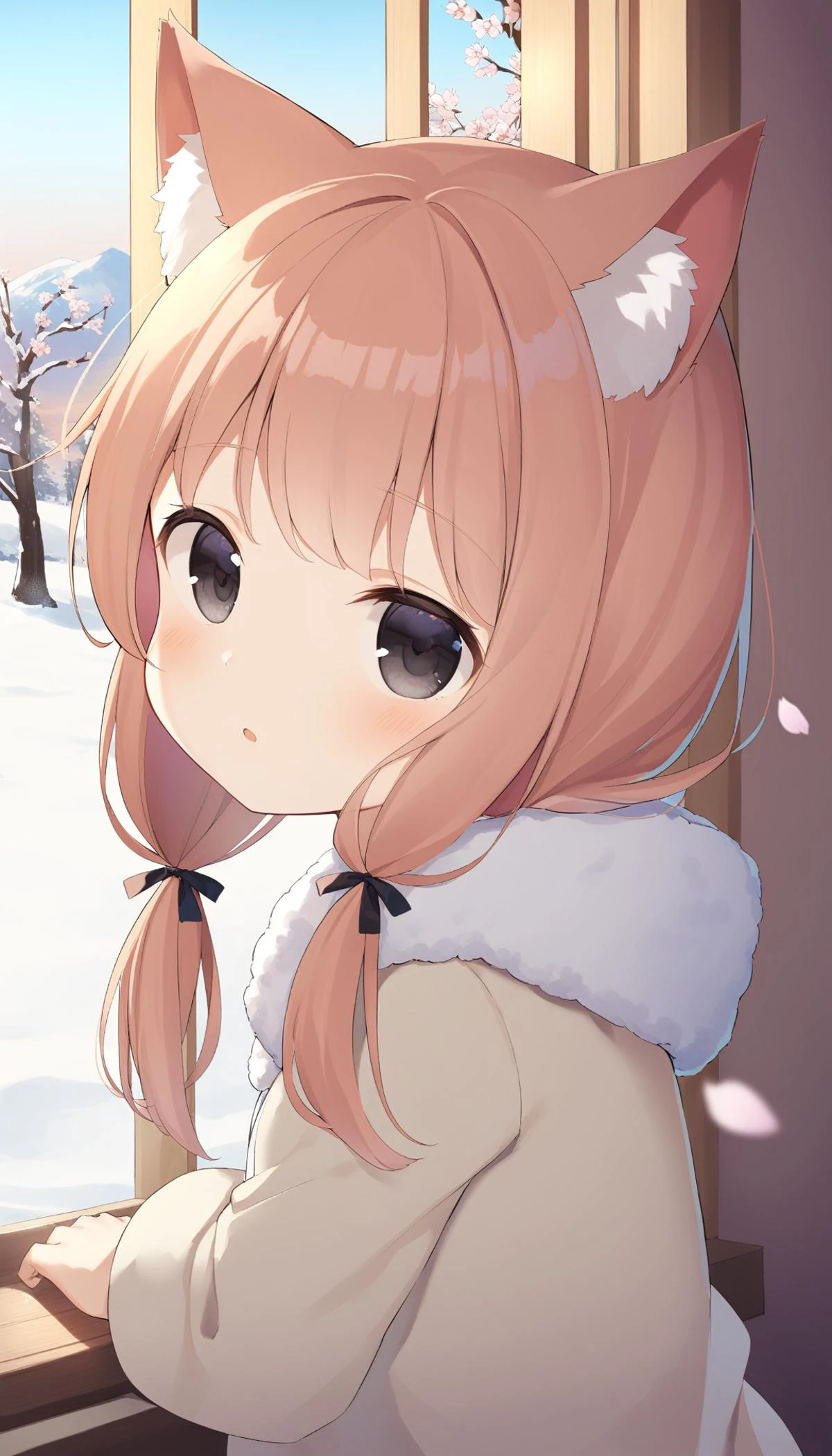 1girl, , long hair, low twintails, fuzzy twintails, colored inner hair, cat ears, animal ear fluff, black eyes, bedroom, window, cherry blossoms, winter,snow, dusk, portrait, upper body