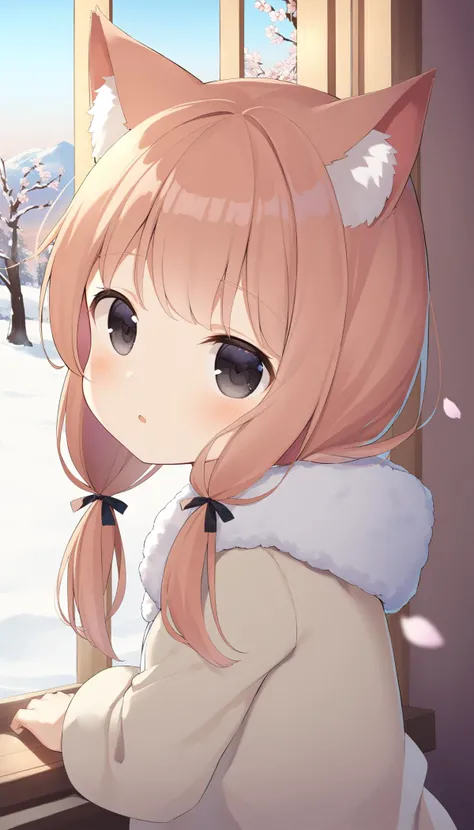 1girl, , long hair, low twintails, fuzzy twintails, colored inner hair, cat ears, animal ear fluff, black eyes, bedroom, window, cherry blossoms, winter,snow, dusk, portrait, upper body