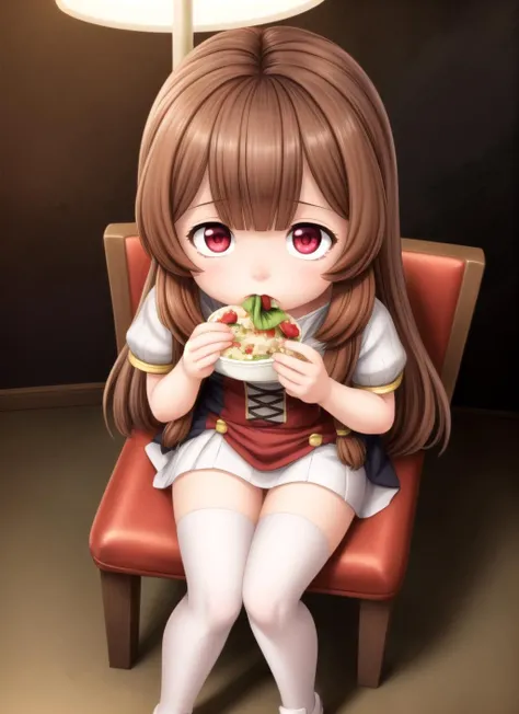 masterpiece,best quality,official art,extremely detailed CG unity 8k wallpaper,ultra wide-angle,full body,1girl,Raphtalia,red eyes, brown hair,white tights,sitting on chair,diner,eating salad,dark atmosphere,dim lamps,hdr,from above <lora:Raphtalia-08:1>