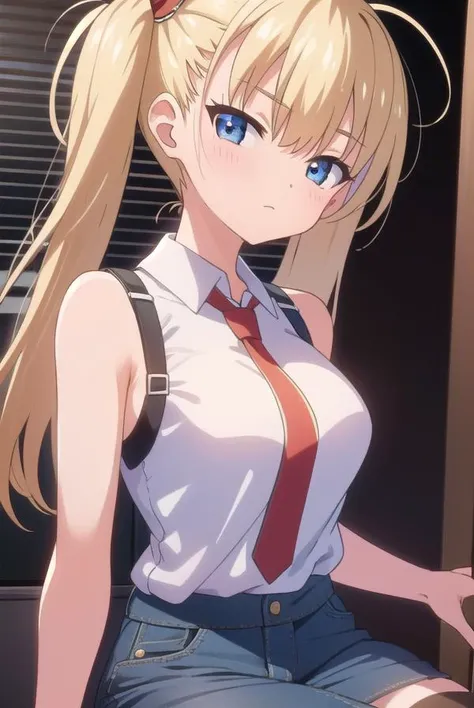 Anime girl with medium length blonde hair, she lifted her T-shirt and showed her bare breasts