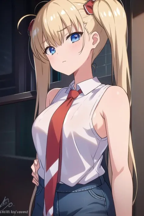 airiakizuki, <lyco:airiakizuki-lyco-nochekaiser:1>, 
airi akizuki, long hair, blue eyes, blonde hair, twintails,
BREAK skirt, thighhighs, striped, striped thighhighs, denim skirt, bare shoulders, shirt, sleeveless shirt, white shirt, red shirt,
BREAK looking at viewer,
BREAK outdoors,
BREAK <lyco:GoodHands-beta2:1>, (masterpiece:1.2), best quality, high resolution, unity 8k wallpaper, (illustration:0.8), (beautiful detailed eyes:1.6), extremely detailed face, perfect lighting, extremely detailed CG, (perfect hands, perfect anatomy),