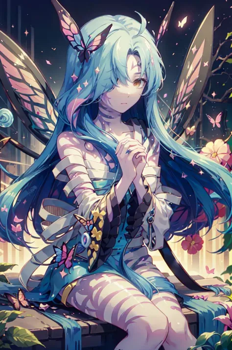 <lora:RtPL-Ursula:1> ursula_(riviera), long_hair, bandages, sarashi, very_long_hair, hair_over_one_eye, butterfly_wings, facing viewer, <lora:CandyMagic:1> candymagic , vibrant , sugary aura,, ultra detailed, masterpiece, best quality, aesthetic, detailed,