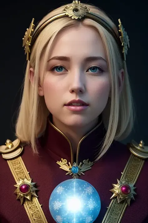 a beautiful empress portrait, blonde hair, perfect blue eyes, with a brilliant, impossible striking big Christmas headpiece, clothes Santa robes, everything Christmas, snow, symmetrical, dramatic studio lighting, rococo, baroque, greens, asian, hyperrealism, closeup, D&D, fantasy, intricate, elegant, highly detailed, digital painting, artstation, octane render, 8k, concept art, matte, sharp focus