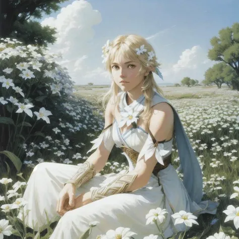 painting, luminedef, upper body, white flower in the hair, yellow eyes, sitting on the flowers, plain and wind background, blue sky, dnd, old fantasy, perfect eyes, (by Larry Elmore:1.2), <lora:lumine1:1>