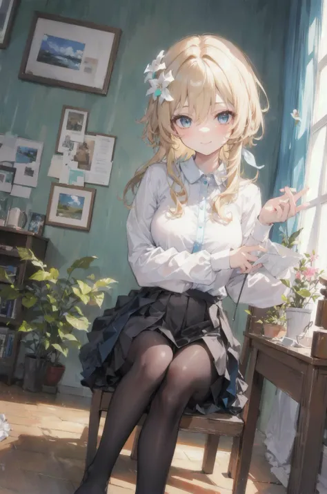 (best quality),(Masterpiece),dynamic angle,(extreme detailed illustration),(extremely detailed CG unity 8k wallpaper),amazing,Depth of field,(highly detailed),((an extremely delicate and beautiful)),((1girl)),((extremely detailed eyes and face)),luminedef,bangs, black legwear, blue eyes, blush, book, book stack, bookshelf, cactus, chair, closed mouth, crossed legs, cup, curtains, desk, eyebrows visible through hair, feet, flower, flower pot, hair between eyes, indoors, long hair, long sleeves, looking at viewer, no shoes, on chair, pantyhose, picture \(object\), picture frame, plant, potted plant, shirt, sitting, skirt, smile, solo, table, thighband pantyhose, vase, white shirt, window, wooden table