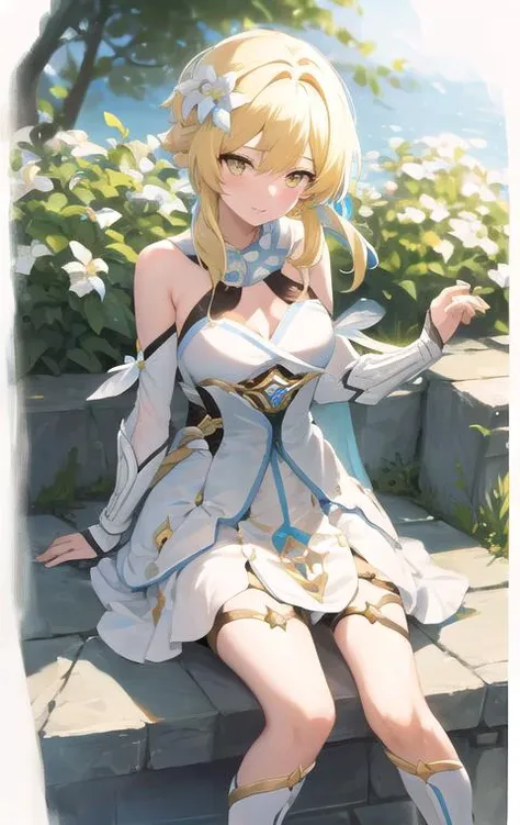 masterpiece, best quality, highres, 1girl, luminedef, short hair, yellow hair, hair ornament, <lora:lumine1-000008:1>