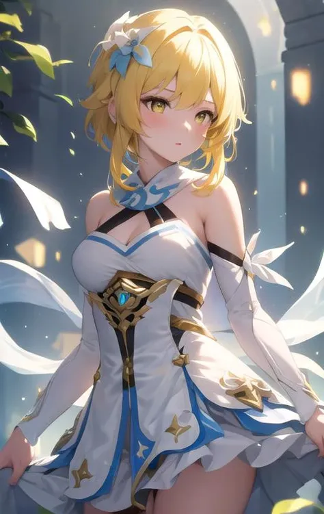 Anime school girl,showcasing large breasts and cleavage. She is standing solo in a cafe background, with a hint of blushing on her cheeks and a confident pose.Flower Fairy,Large colored wing lights,Sand grains brilliance,magic wand in hand, Body,sky sky,flight